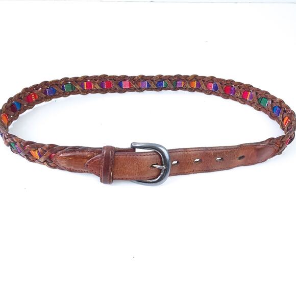 90s Vintage Fossil Braided Leather Textile Belt Medium Guatemala Boho, Indie main image 5